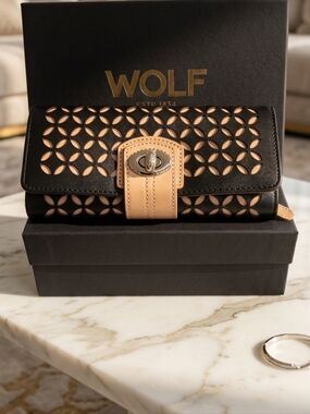 WOLF Black and Beige Laser-Cut Leather Jewelry Organizer/Roll Wallet.